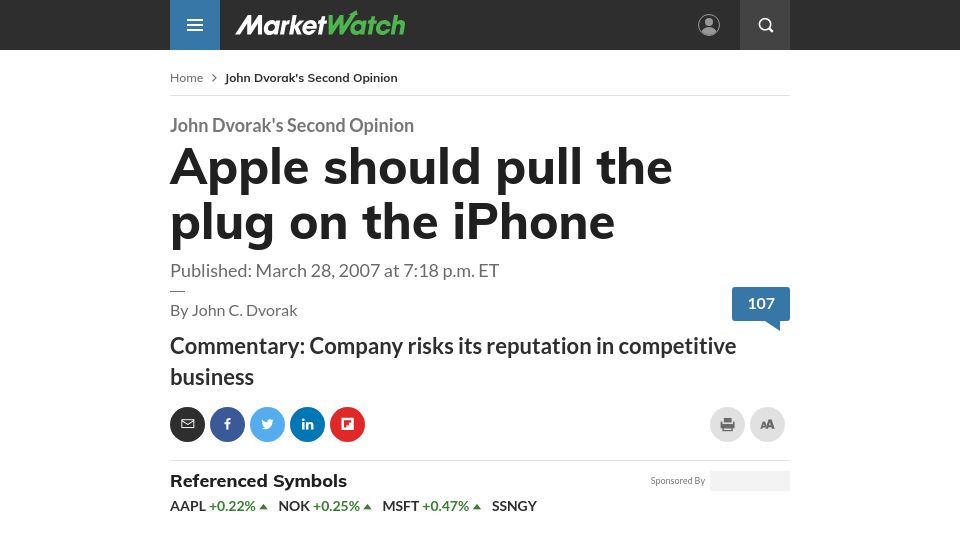 Screenshot of marketwatch.com: Apple should pull the plug on the iPhone (2007)