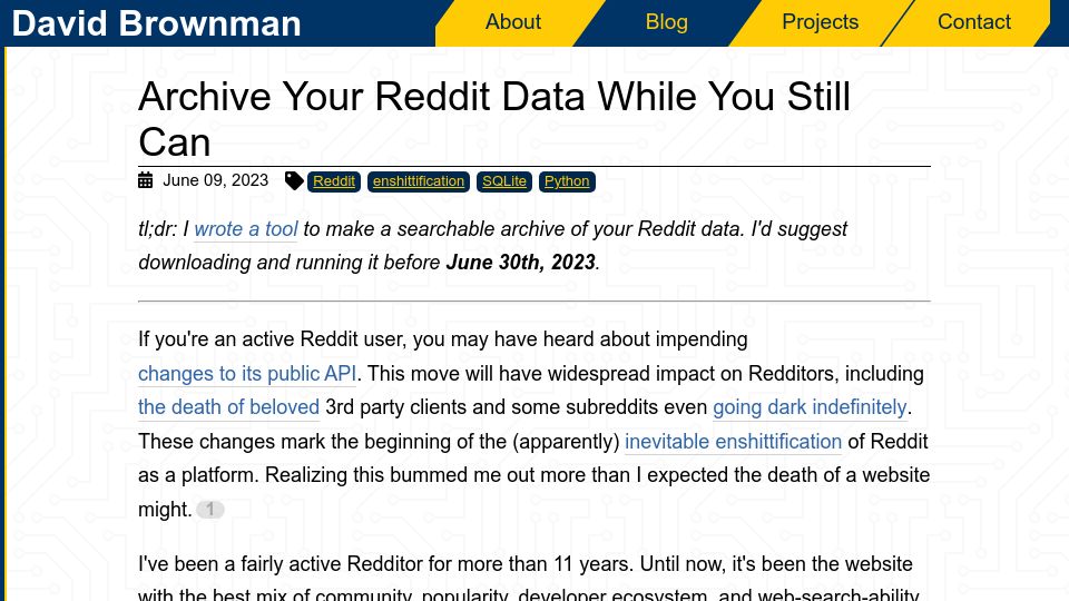 Screenshot of xavd.id: Archive your Reddit data before it's too late