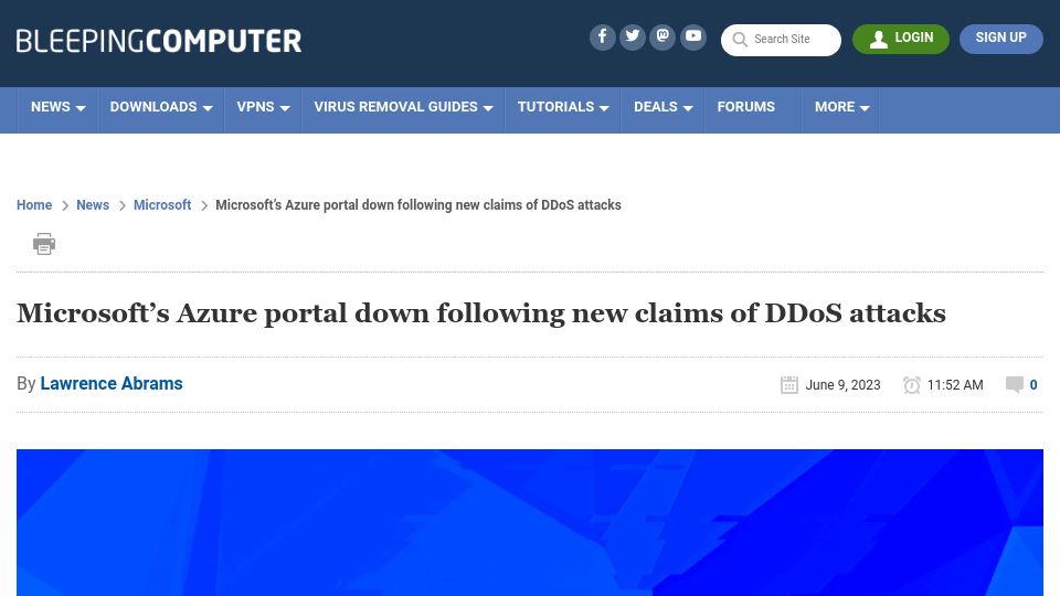 Screenshot of bleepingcomputer.com: Microsoft’s Azure portal down following new claims of DDoS attacks