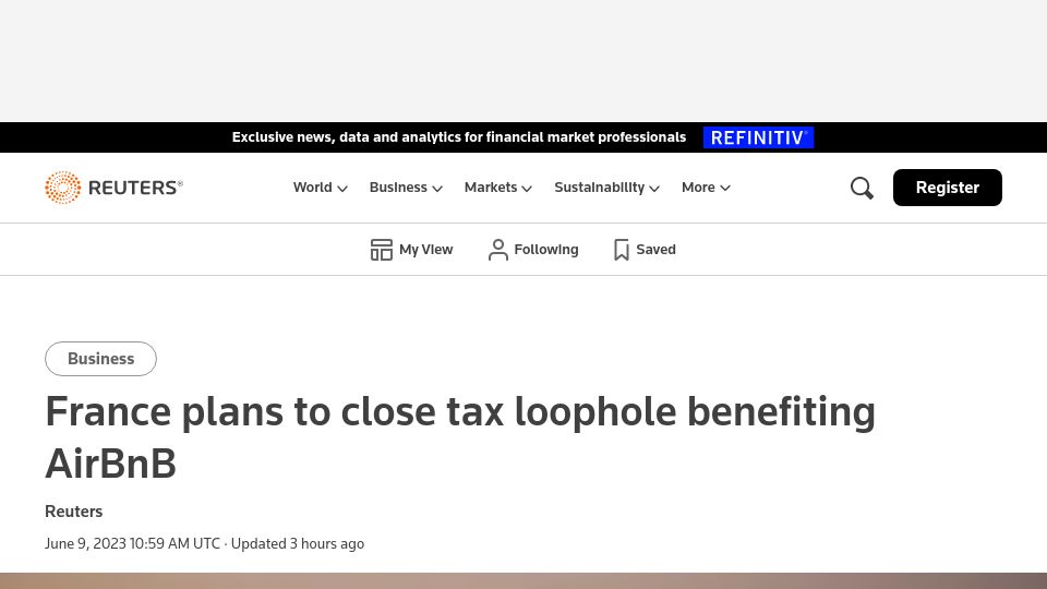 Screenshot of reuters.com: France plans to close tax loophole benefiting Airbnb