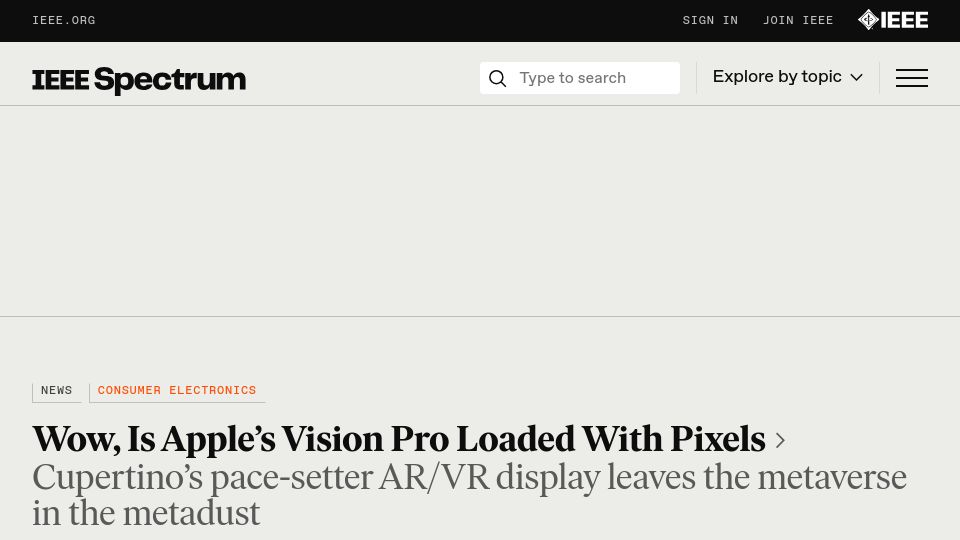 Screenshot of spectrum.ieee.org: Wow, is Apple’s Vision Pro loaded with pixels