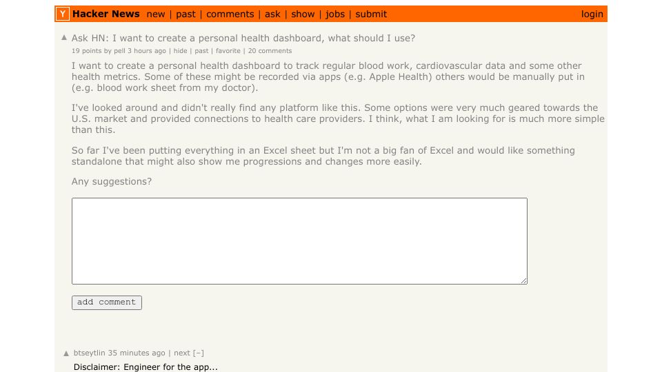 Screenshot of Hacker News post: Ask HN: I want to create a personal health dashboard, what should I use?