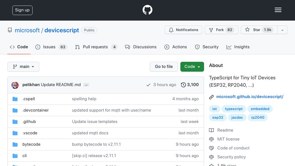 Screenshot of github.com: Microsoft DeviceScript – TypeScript for Tiny IoT Devices
