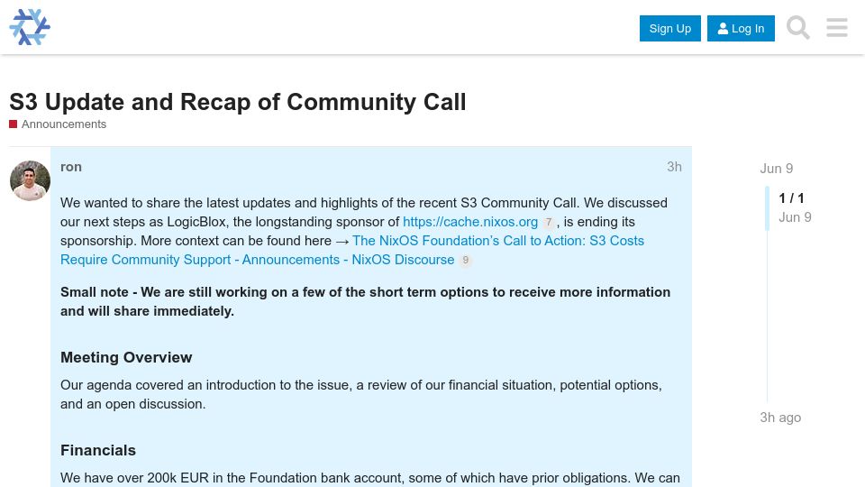 Screenshot of discourse.nixos.org: Nix/NixOS S3 Update and Recap of Community Call