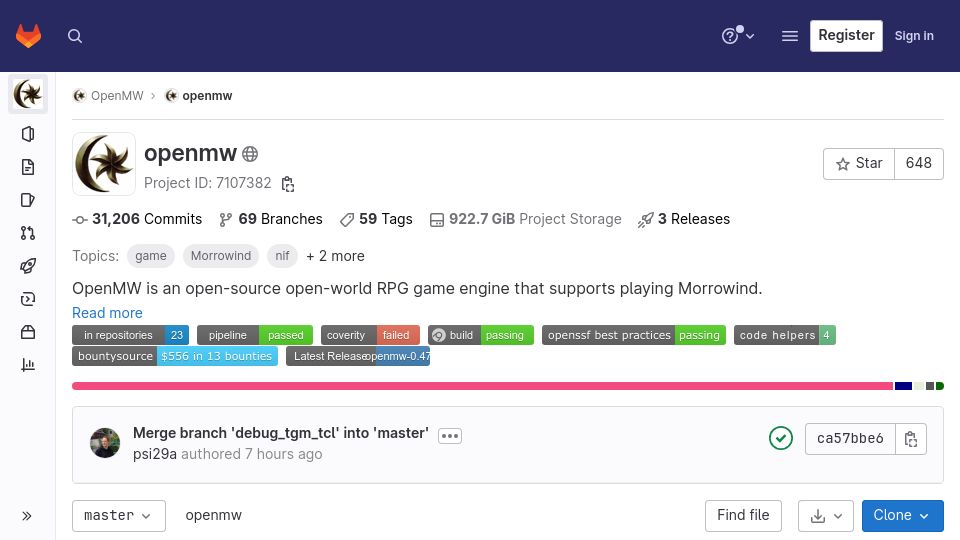 Screenshot of gitlab.com: OpenMW: Open-source TES3: Morrowind reimplementation