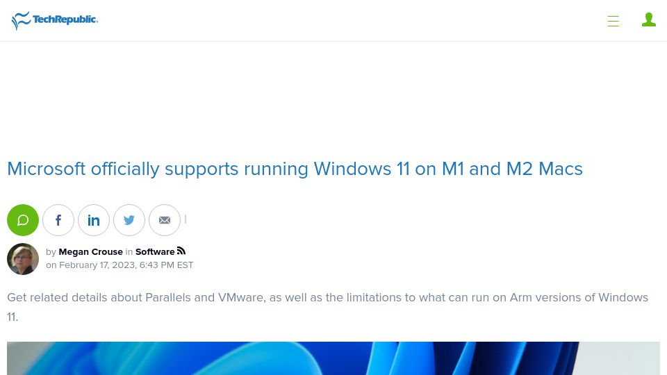 Screenshot of techrepublic.com: Microsoft officially supports running Windows 11 on M1 and M2 Macs