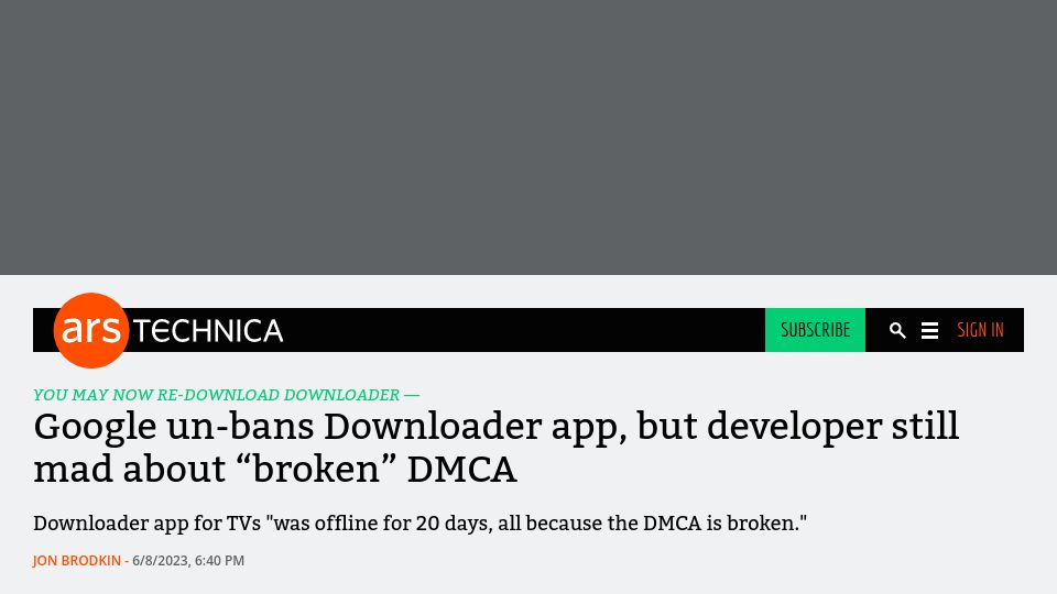 Screenshot of arstechnica.com: Google un-bans Downloader app, but developer still mad about “broken” DMCA