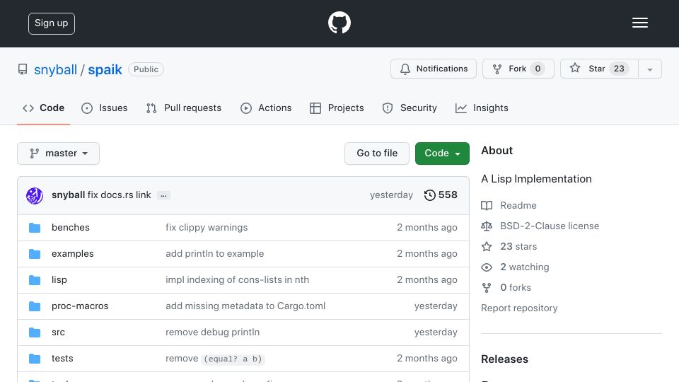Screenshot of github.com: Show HN: Spaik Lisp Version 0.3
