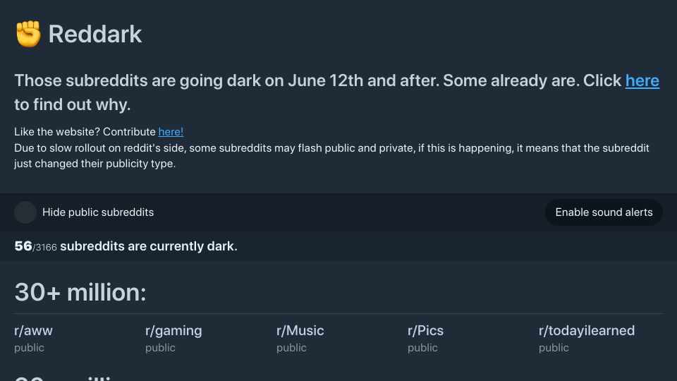 Screenshot of reddark.netlify.app: Reddark: Website to watch subreddits going dark