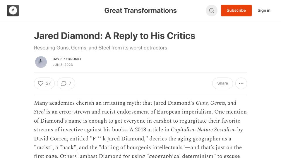 Screenshot of blog.daviskedrosky.com: Jared Diamond: A Reply to His Critics