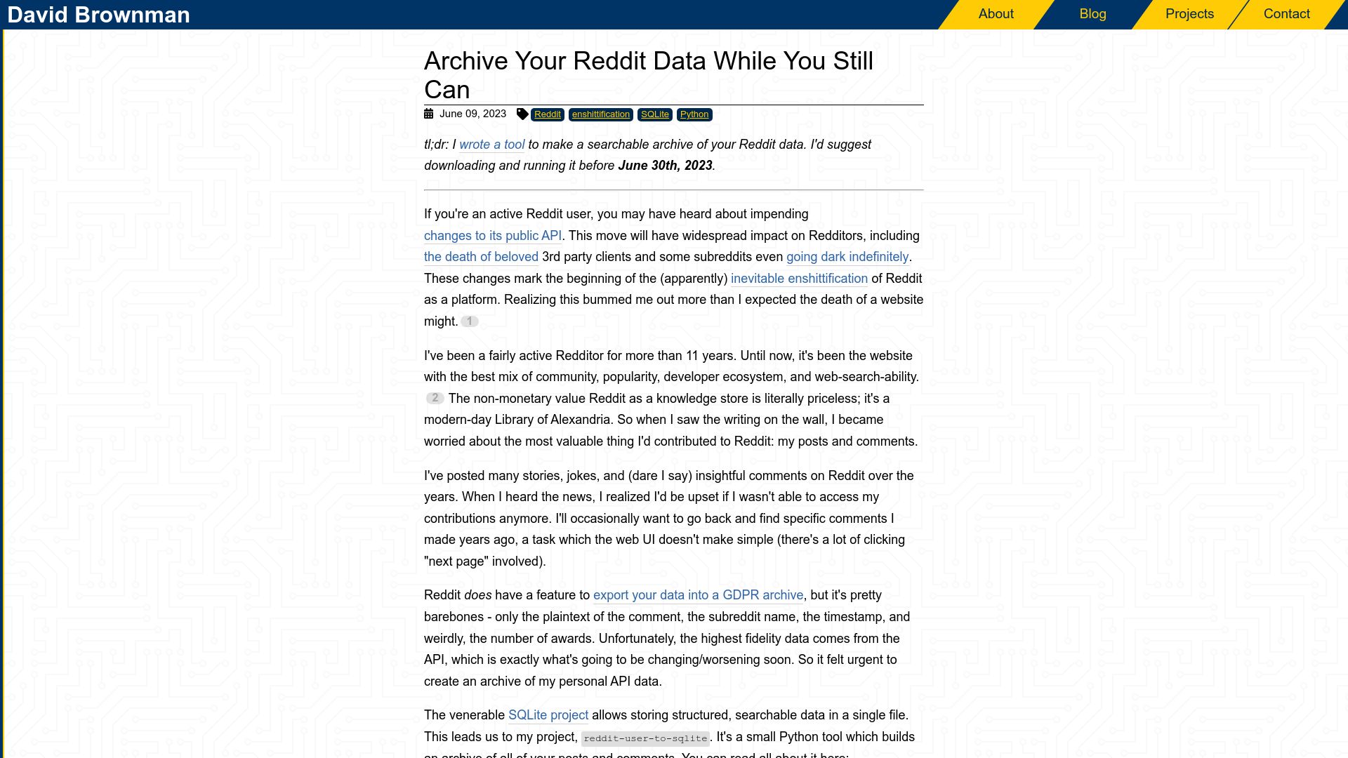 Screenshot of xavd.id: Archive your Reddit data before it's too late