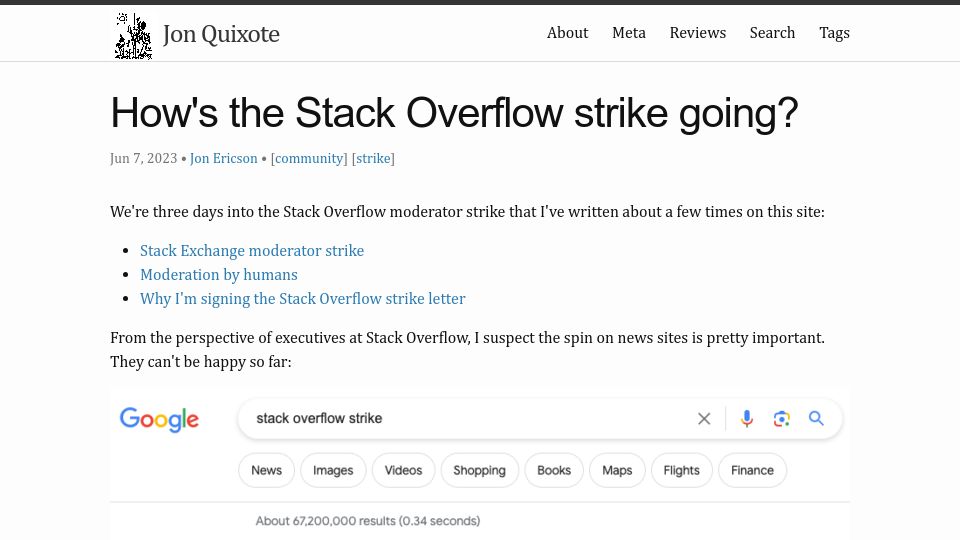 Screenshot of jlericson.com: How's the Stack Overflow strike going?