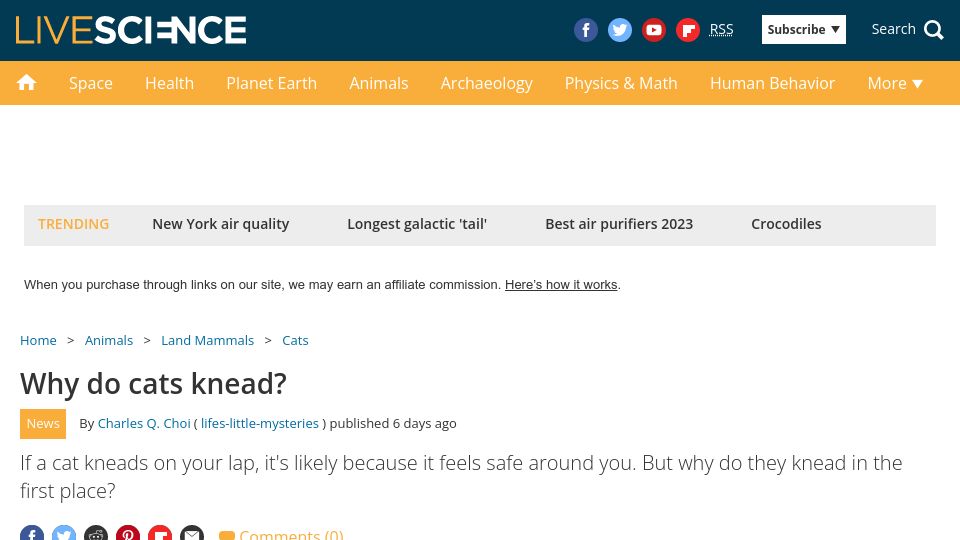 Screenshot of livescience.com: Why do cats knead?