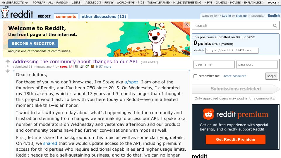 Screenshot of reddit.com: Addressing the community about changes to our API