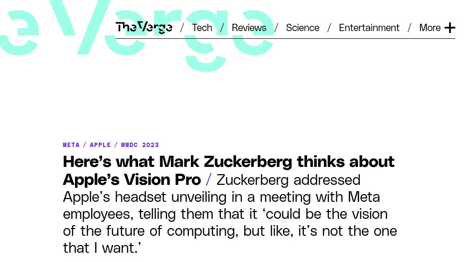 Screenshot of theverge.com: Mark Zuckerberg on Apple’s Vision Pro headset