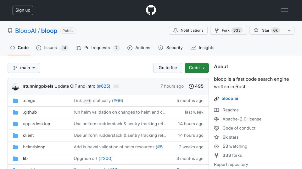 Screenshot of github.com: Show HN: Bloop – Answer questions about your code with an LLM agent