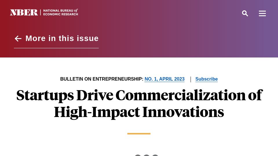 Screenshot of nber.org: Startups drive commercialization of high-impact innovations
