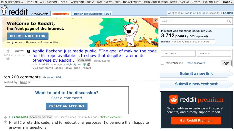 Screenshot of old.reddit.com: Apollo Back end just made public