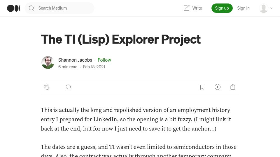 Screenshot of shanen.medium.com: The TI (Lisp) Explorer Project