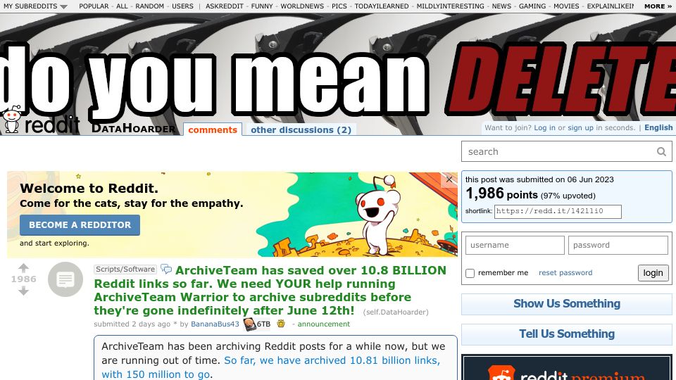 Screenshot of old.reddit.com: ArchiveTeam has saved over 11.2B Reddit links
