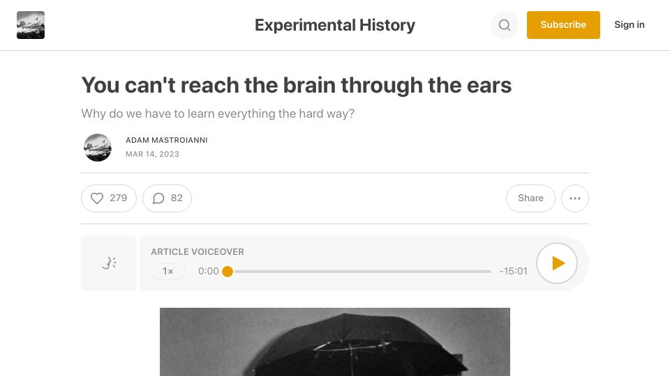Screenshot of experimental-history.com: You can't reach the brain through the ears