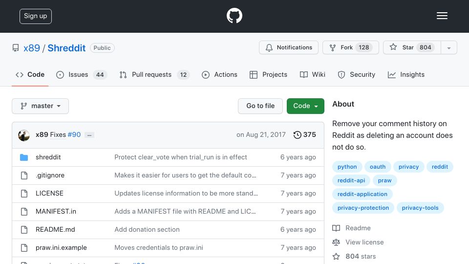 Screenshot of github.com: Shreddit is a Python program to remove all your Reddit comments