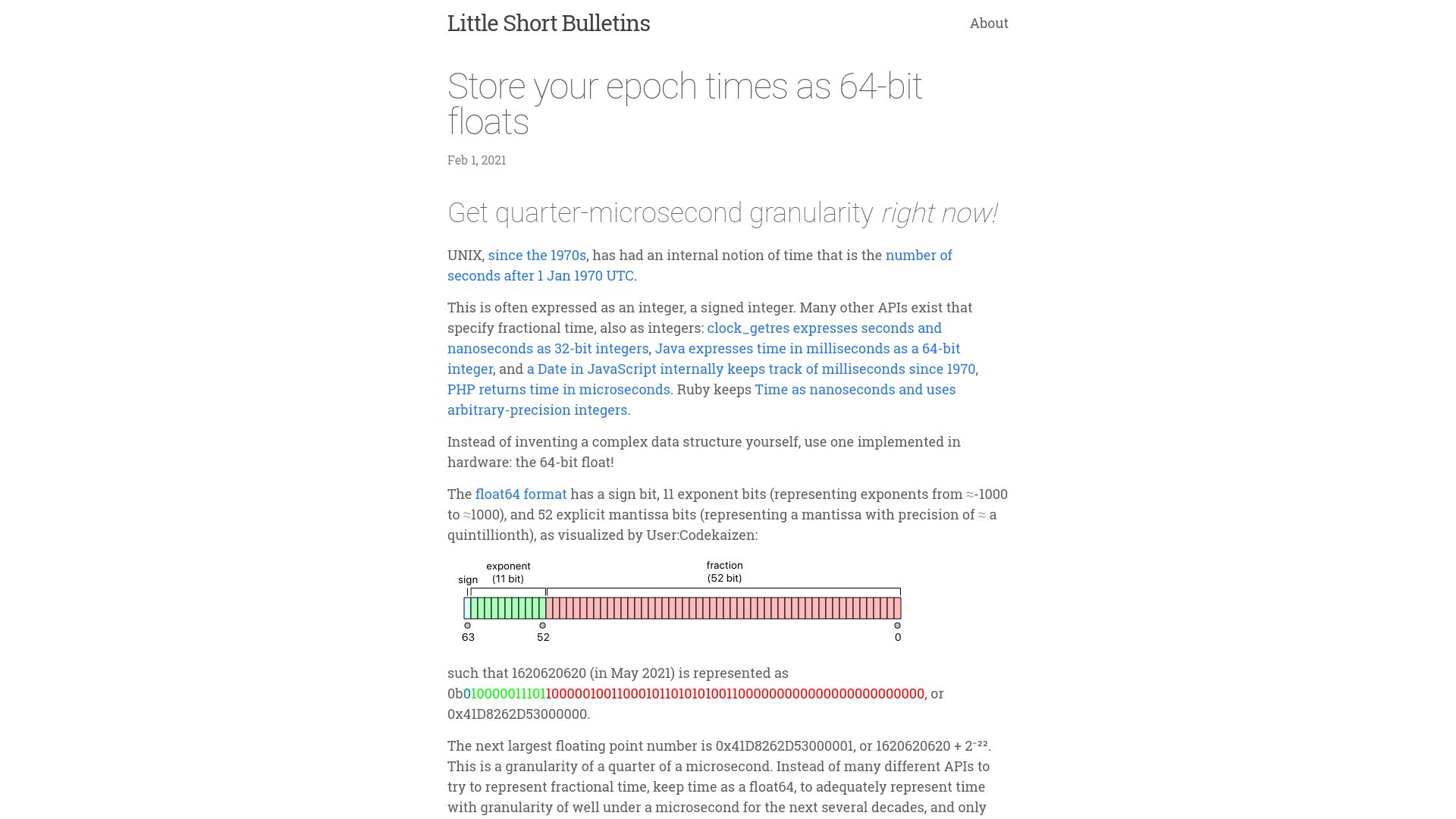 Screenshot of leebutterman.com: Store epoch times as 64-bit floats