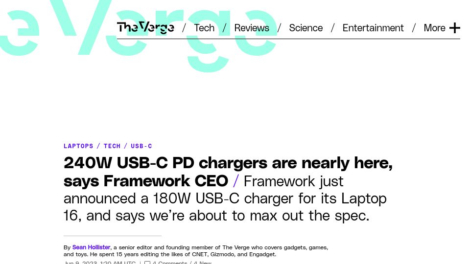 Screenshot of theverge.com: 240W USB-C PD chargers are nearly here, says Framework CEO