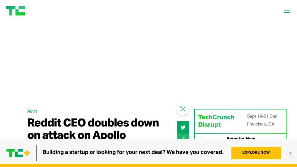 Screenshot of techcrunch.com: Reddit CEO doubles down on attack on Apollo developer in drama-filled AMA