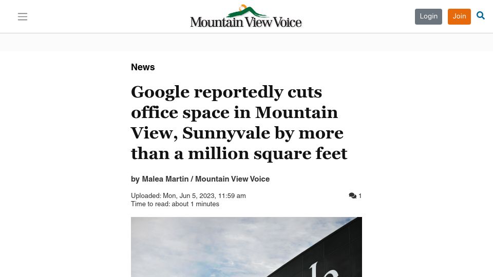Screenshot of mv-voice.com: Google cuts office space in Bay Area by more than a million square feet