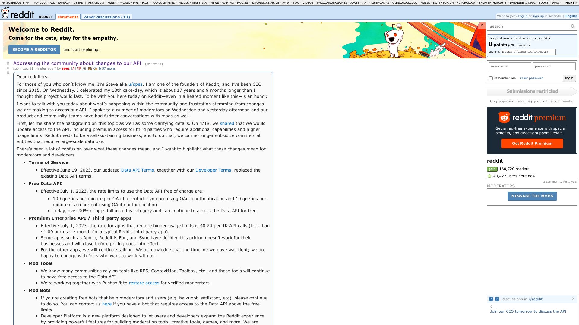 Screenshot of reddit.com: Addressing the community about changes to our API