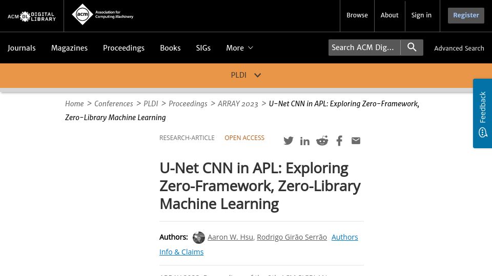 Screenshot of dl.acm.org: U-Net CNN in APL: Exploring Zero-Framework, Zero-Library Machine Learning