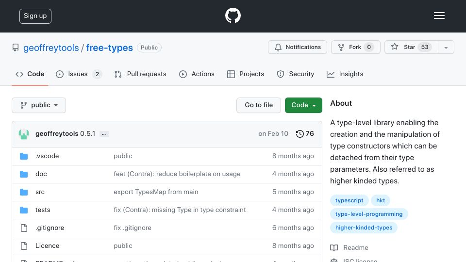 Screenshot of github.com: Free-types: Higher kinded types in TypeScript