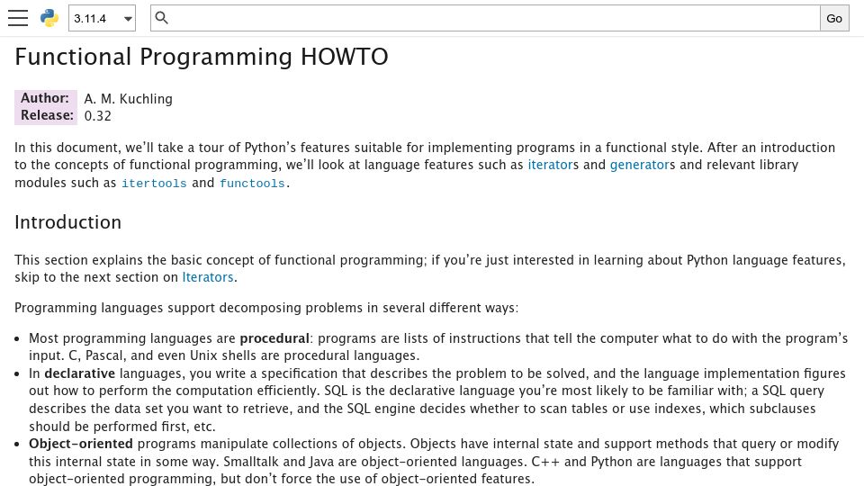 Screenshot of docs.python.org: Functional Python Programming