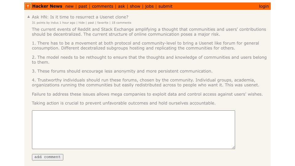 Screenshot of Hacker News post: Ask HN: Is it time to resurrect a Usenet clone?