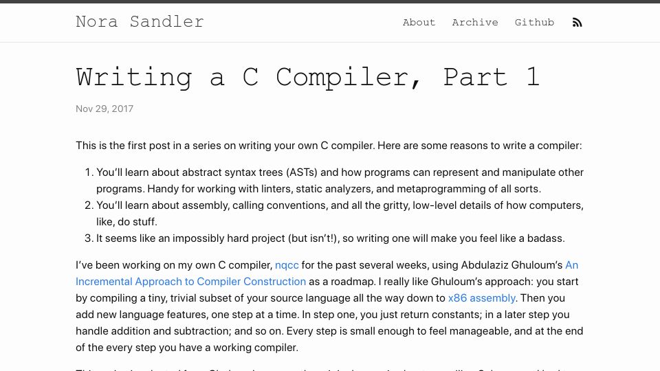 Screenshot of norasandler.com: Writing a C Compiler (2017)