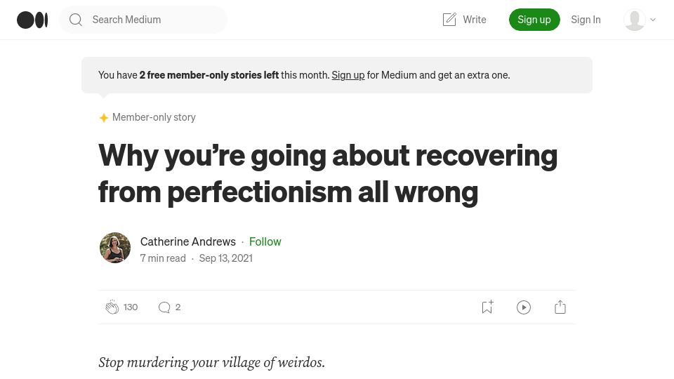 Screenshot of candrews.medium.com: Why you’re going about recovering from perfectionism all wrong (2021)