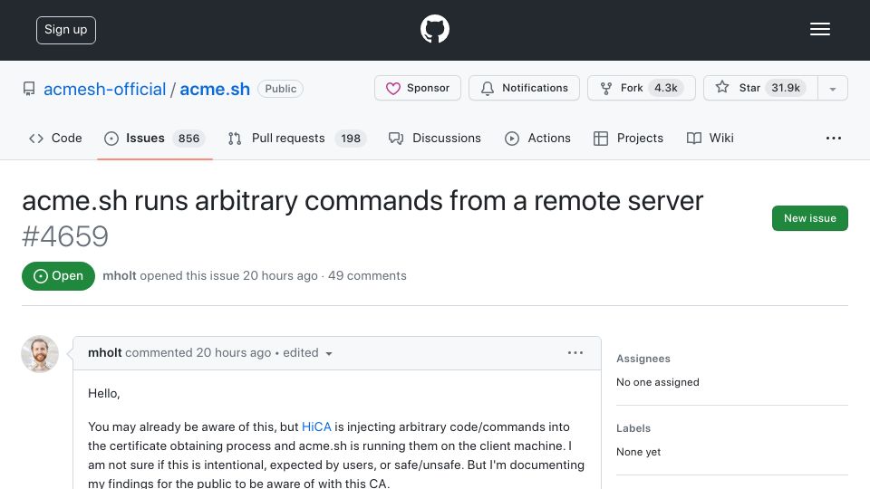 Screenshot of github.com: Acme.sh runs arbitrary commands from a remote server