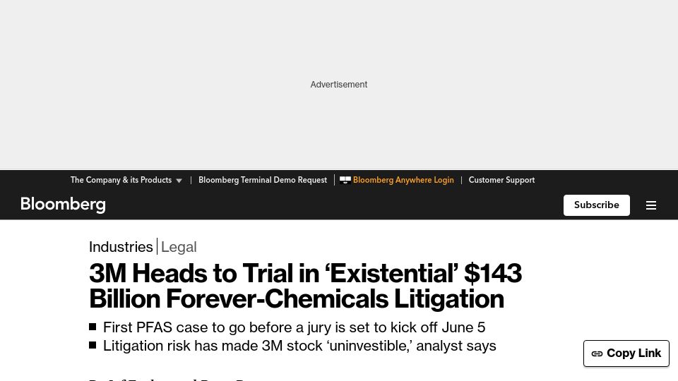 Screenshot of bloomberg.com: 3M heads to trial in ‘existential’ $143B forever-chemicals litigation