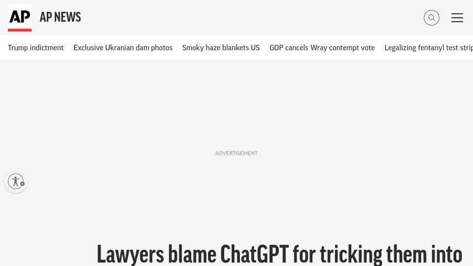 Screenshot of apnews.com: Lawyers blame ChatGPT for tricking them into citing bogus case law
