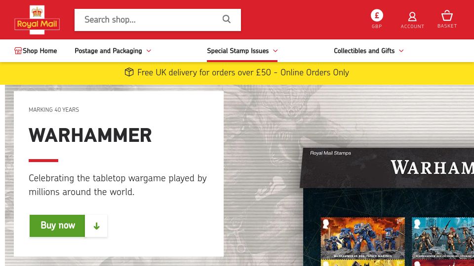 Screenshot of shop.royalmail.com: Royal Mail issues Warhammer stamps celebrating 40 year anniversary
