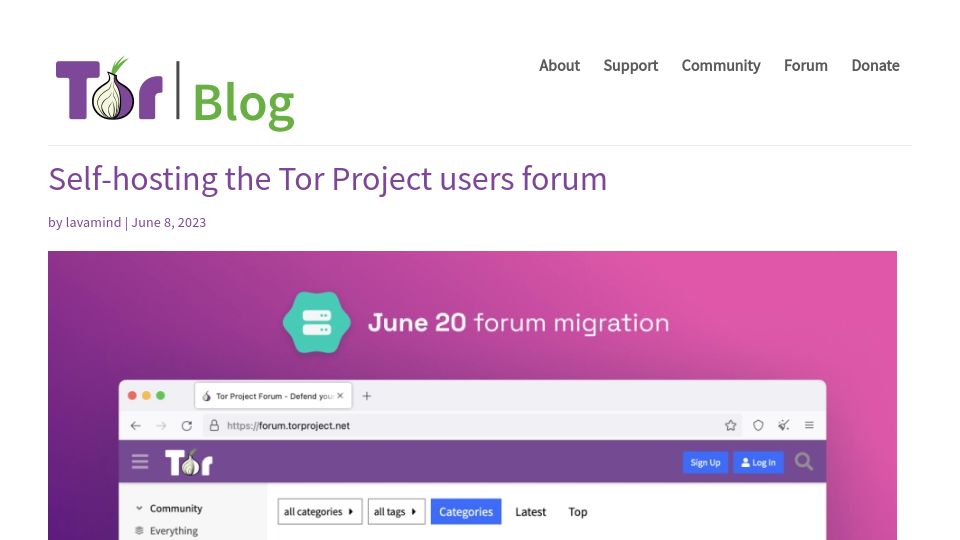 Screenshot of blog.torproject.org: Self-hosting the Tor Project users forum