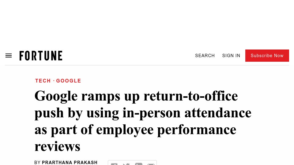 Screenshot of fortune.com: Google uses in-person office attendance as part of employee performance reviews