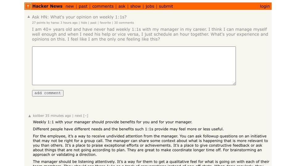 Screenshot of Hacker News post: Ask HN: What's your opinion on weekly 1:1s?