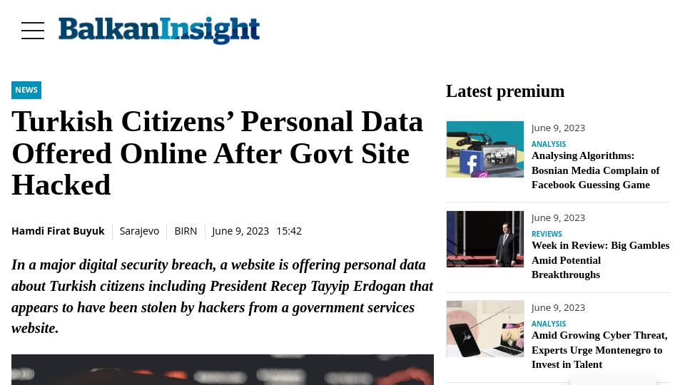 Screenshot of balkaninsight.com: Turkish citizens' personal data offered online after government site hacked