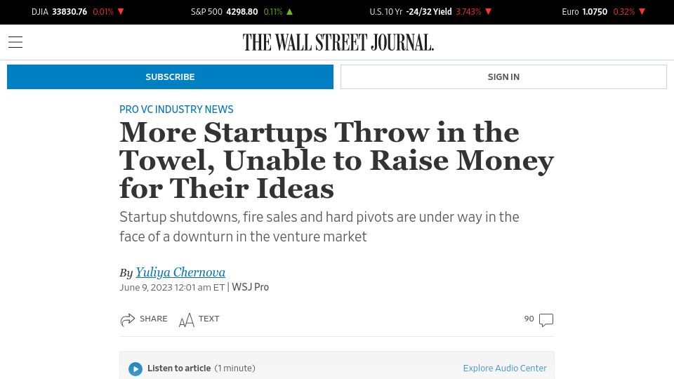 Screenshot of wsj.com: More startups throw in the towel, unable to raise money for their ideas