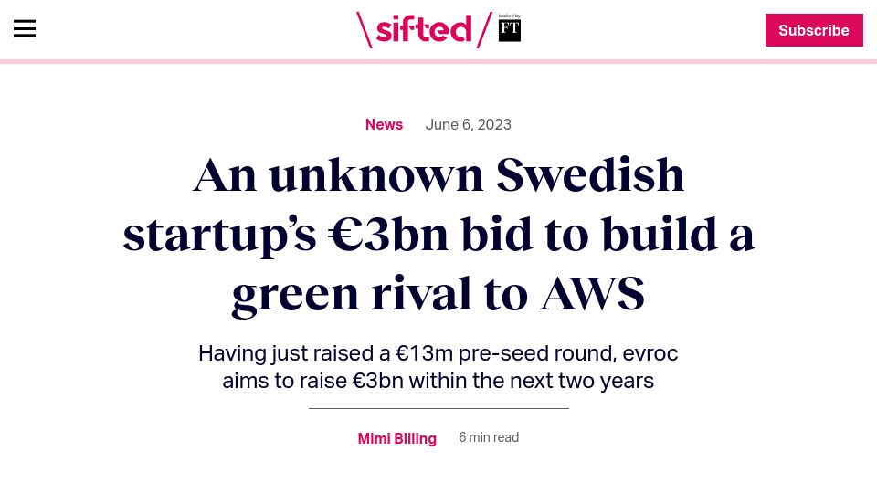 Screenshot of sifted.eu: A Swedish startup’s bid to build a green rival to AWS