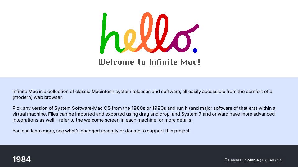 Screenshot of infinitemac.org: Infinite Mac: Classic Macintosh system releases and software on a web browser