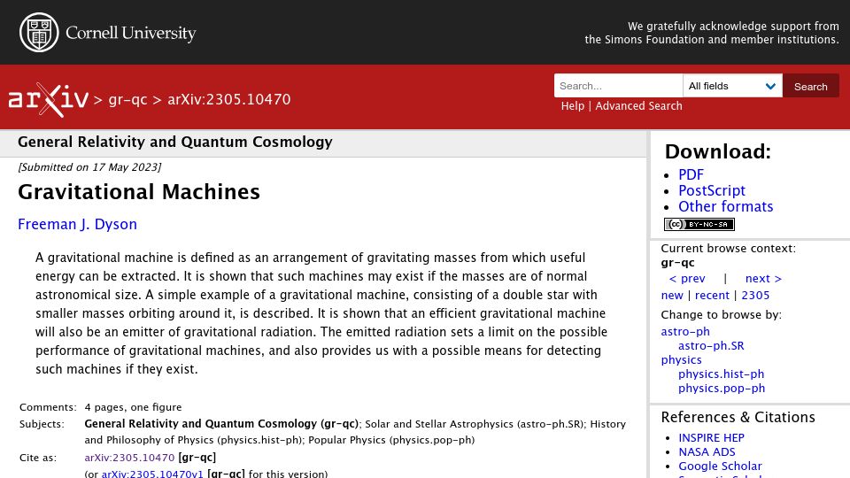 Screenshot of arxiv.org: Gravitational Machines