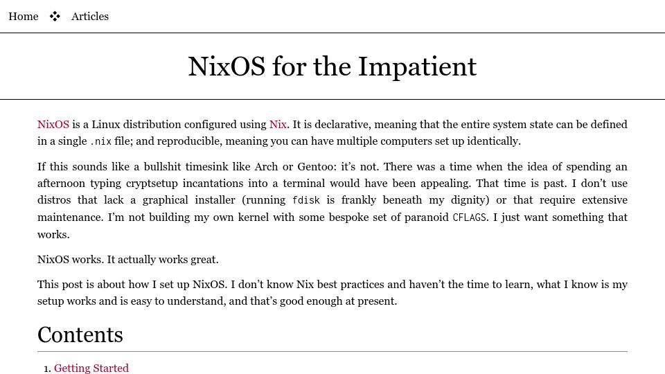 Screenshot of borretti.me: NixOS for the Impatient